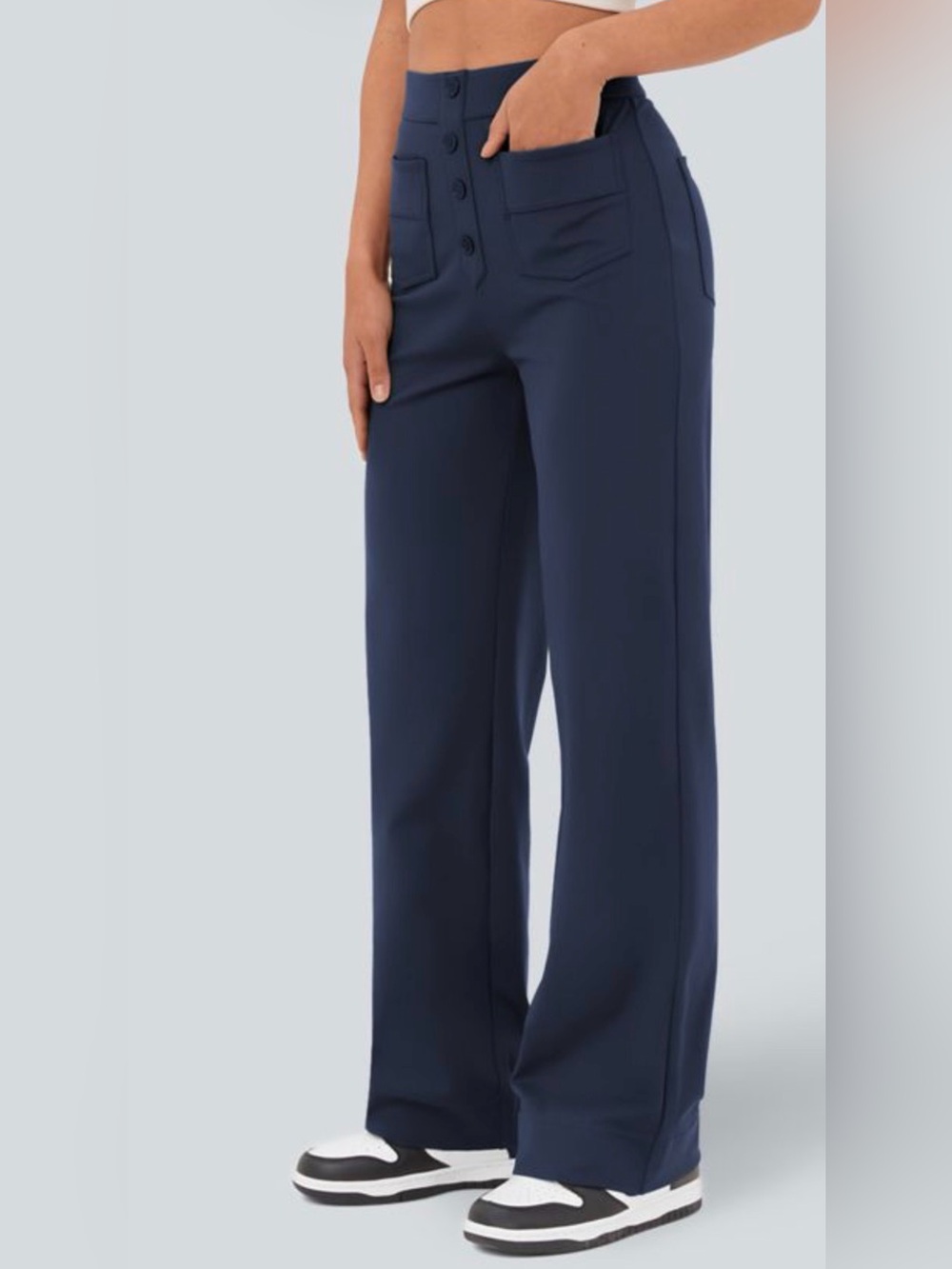 Halara DayStretch High Waisted Pockets Straight Leg Casual Pants Midnight Blue M
